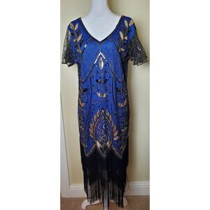 Fundaisy Flapper XXL Dress Fringe Beaded Sequined Sheer Overlay Black Blue